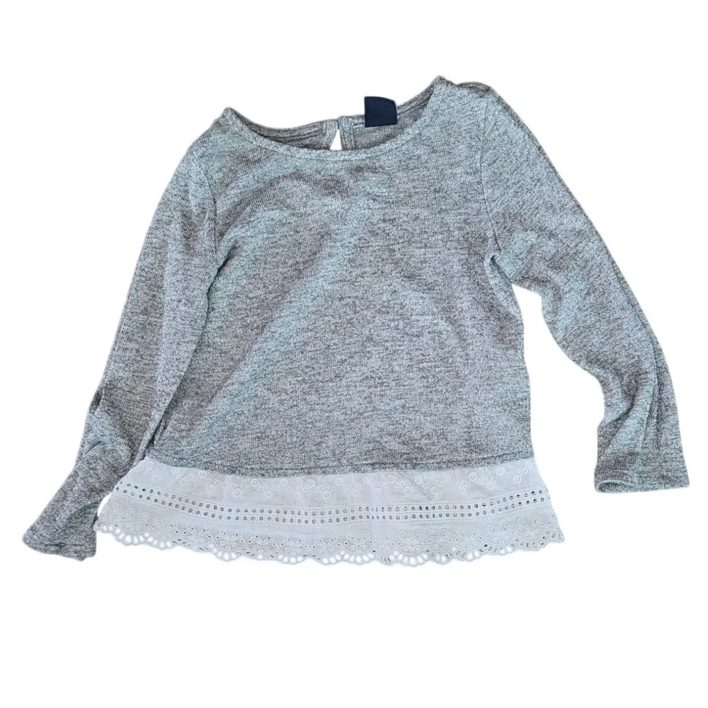 Gap Toddler Girls Gray Heathered Knit Long Sleeve Top White Eyelet Lace Hem 3T